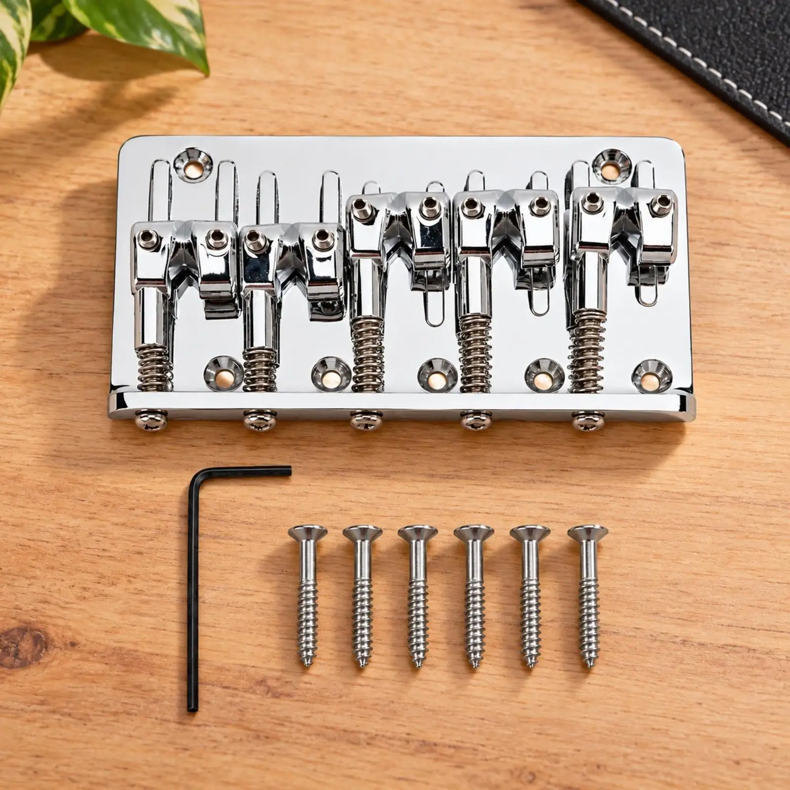 Metal Bass Bridge Five String Guitar Replacement Part with String Through Holes and Allen Key for Easy Install