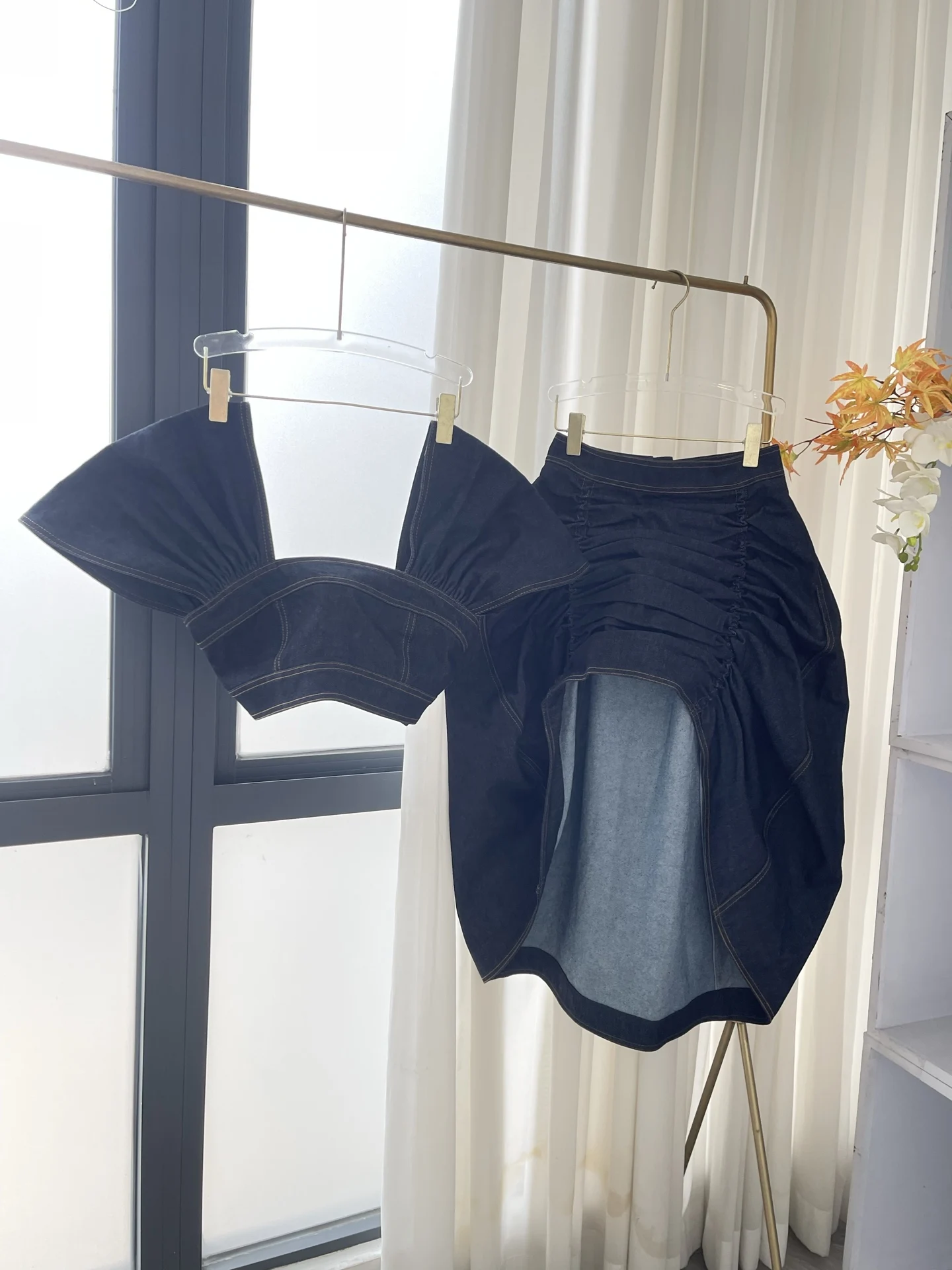 

2025 New Navy Fashionable Blue Short Sleeve Squared Collar Blouse Tops and Irregular Hem Denim Midi Skirt Set for Women