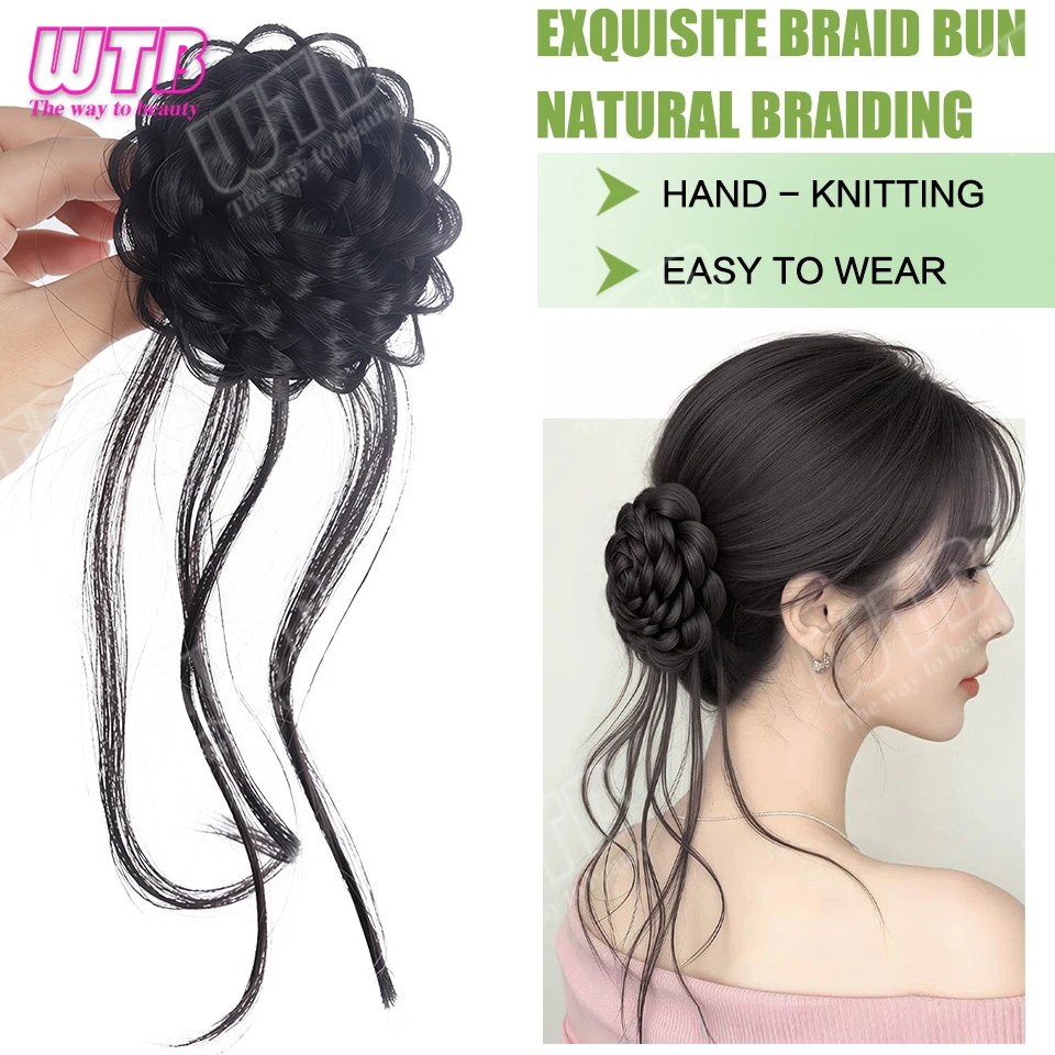 Rose Braided Hair Bun Synthetic Wig with Four-Tooth Duckbill Clip Style and Long Hair End Suitable for Women's Daily Wear