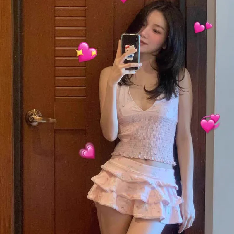 الكورية الشابات 2 قطعة البيكينيات مجموعة جميلة الخامس الرقبة المحاصيل الأعلى الكشكشة المتدرج تنورة لوليتا نمط لطيف الفتيات ملابس الشاطئ