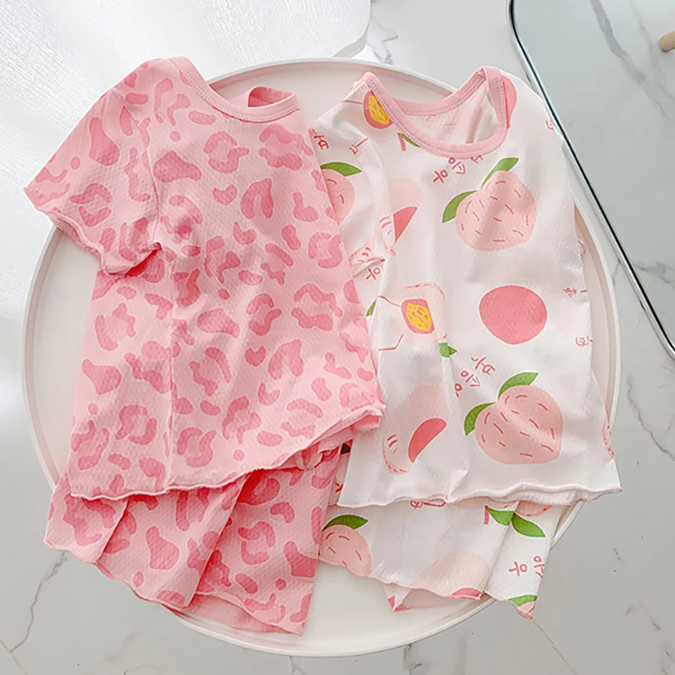 

2 Pcs 2025 Women' Loungewear Set For Children Girls' Ice Silk Pajama Sets Summer Kids Home Clothes Baby Short Sleeve Shorts Tops