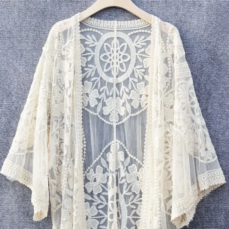 Copricostume da spiaggia in pizzo Cardigan Capispalla Bikini Scava fuori Protezione solare awl Jaet Capispalla per costume da bagno di media lunghezza allentato