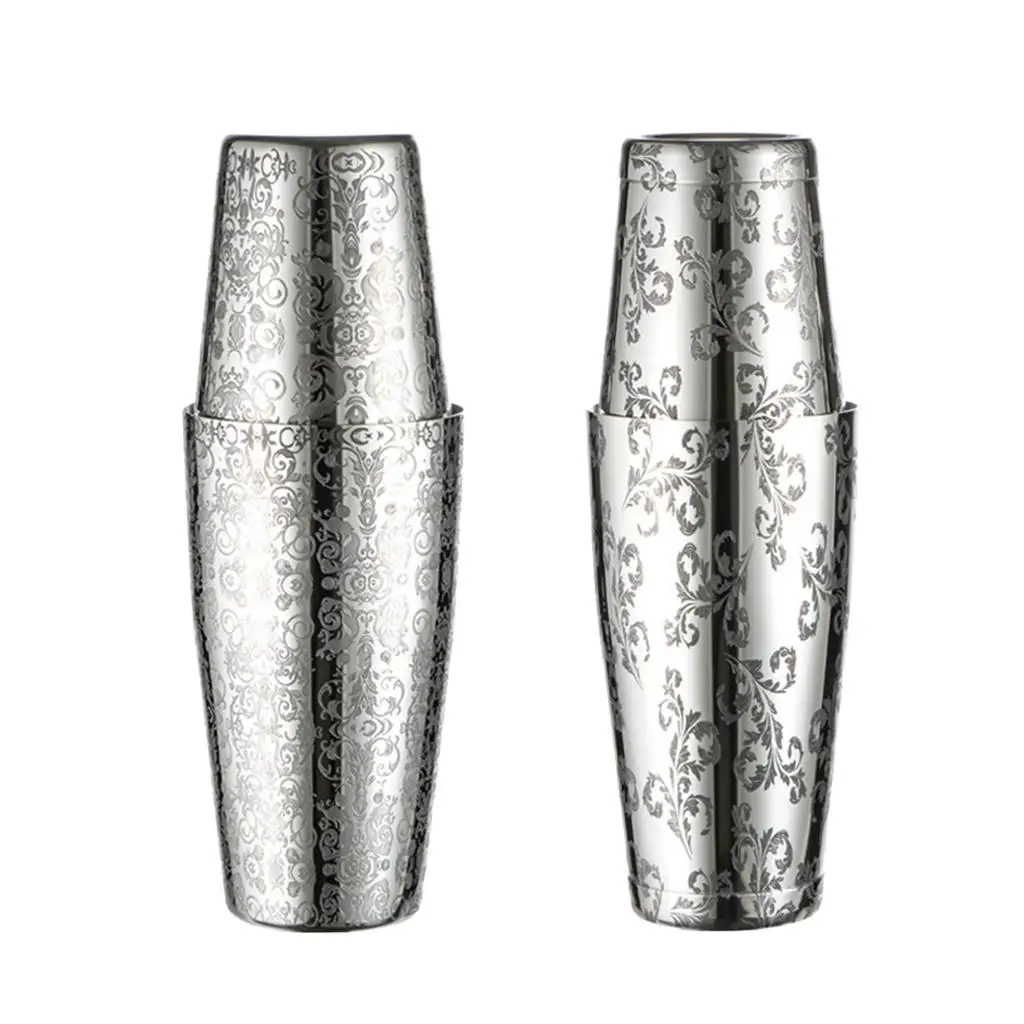 304 Stainless Steel Boston Cocktail Shaker Etched Pattern Dual Mixer Can Bar Accessory for Home Use