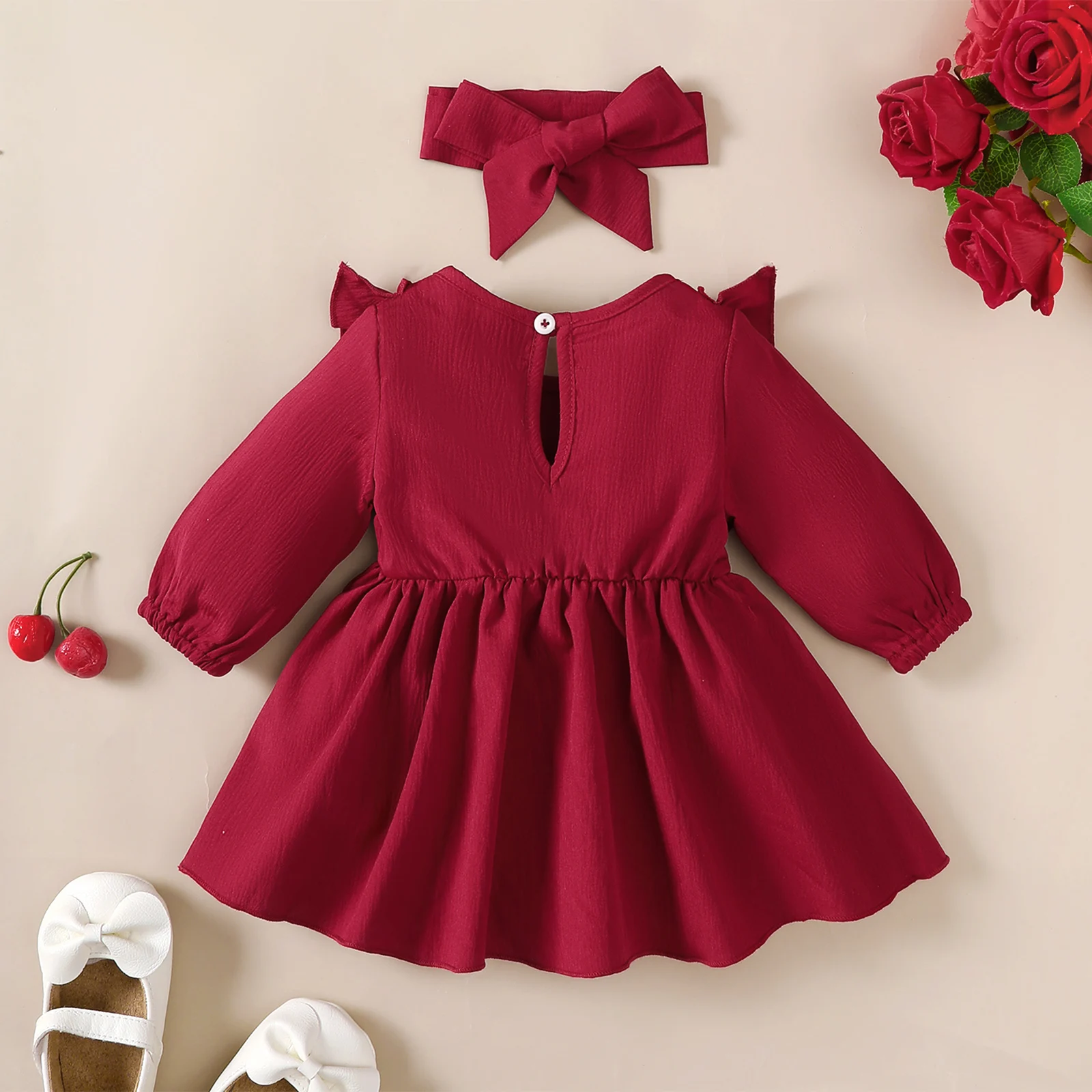 Baby Girl Autumn Dress Ruffled Edges and Bow, Long-Sleeved Dress+Headband for 0-18 Months Cute Baby Girl Holiday Party Costume