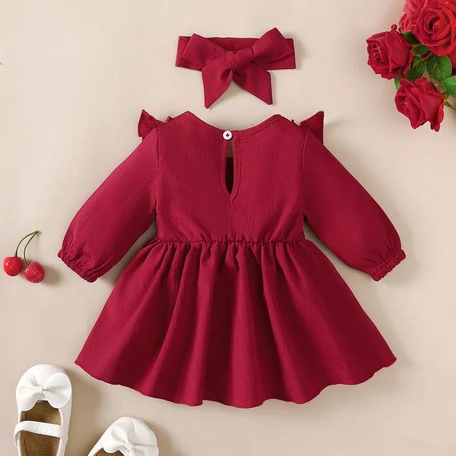 Baby Girl Autumn Dress Ruffled Edges and Bow, Long-Sleeved Dress+Headband for 0-18 Months Cute Baby Girl Holiday Party Costume 2