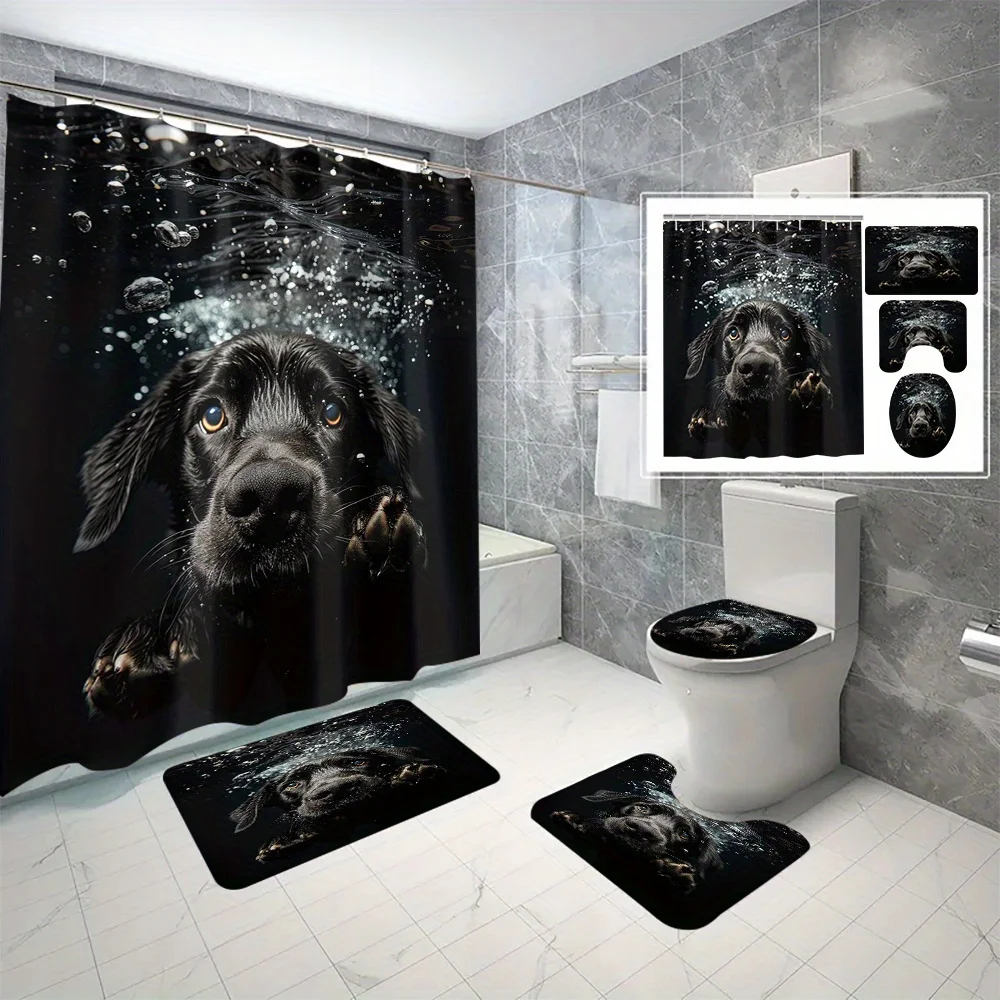 

4pc Cute Black Dog Underwater Bathroom Set - Polyester Fabric, Shower Curtain, Toilet Seat Mat, Floor Mat, U-Shaped Mat