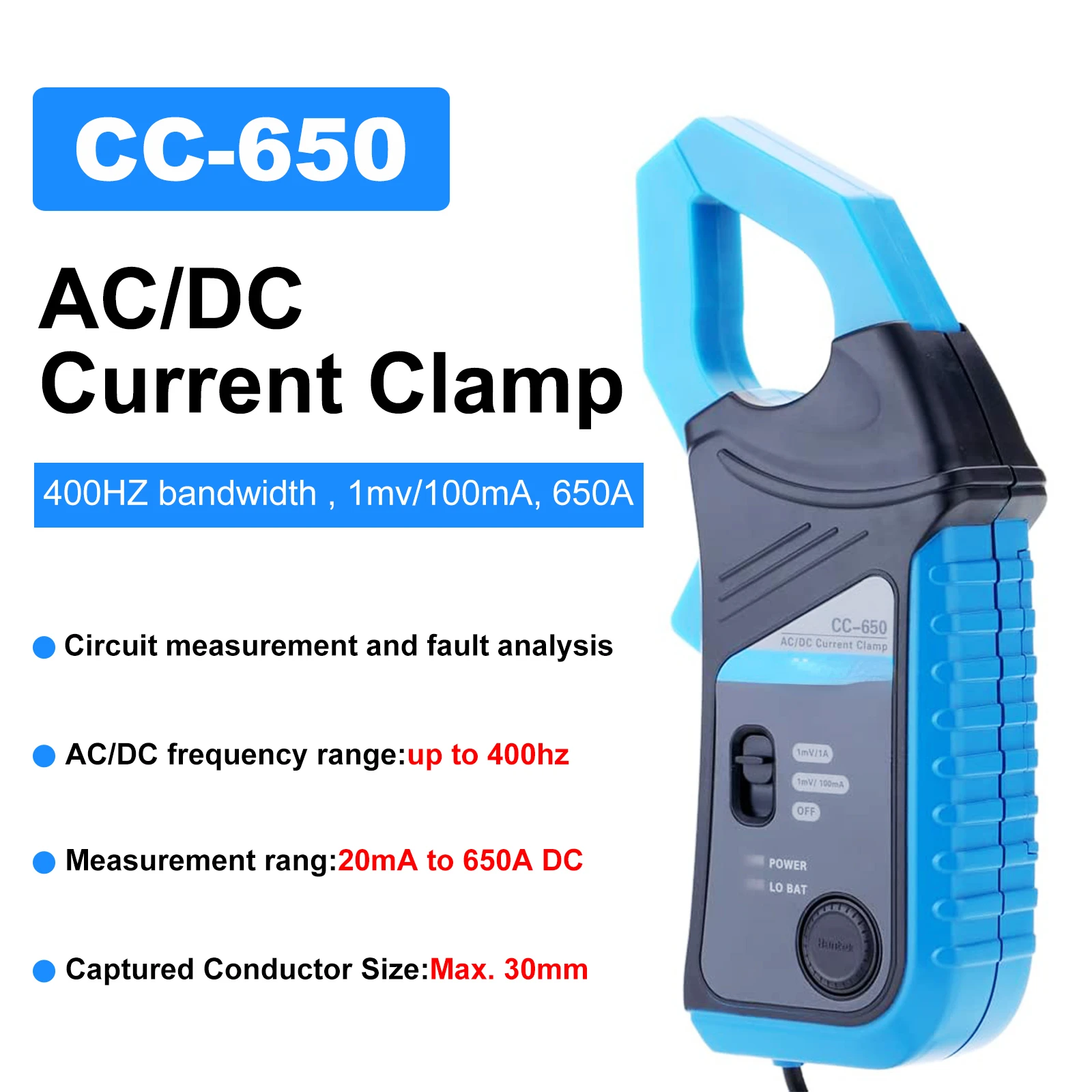 Oscilloscope AC/DC Current Probe Clamp CC650 20KHz/400Hz Bandwidth 1mV/10mA 65A/650A With BNC Plug Current Clamp CC650