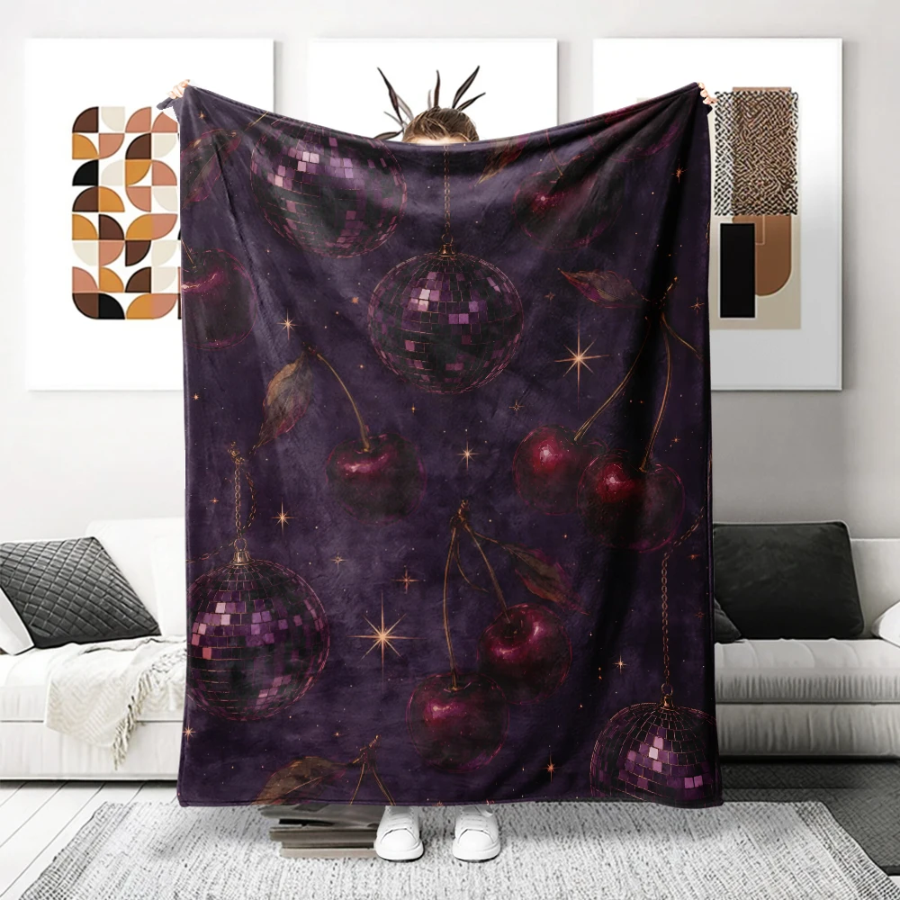 Purple Disco Balls Cherries Flannel Blanket Perfect For Sofa Office Bed Travel Sleep Read Relax Camping Four Season Use
