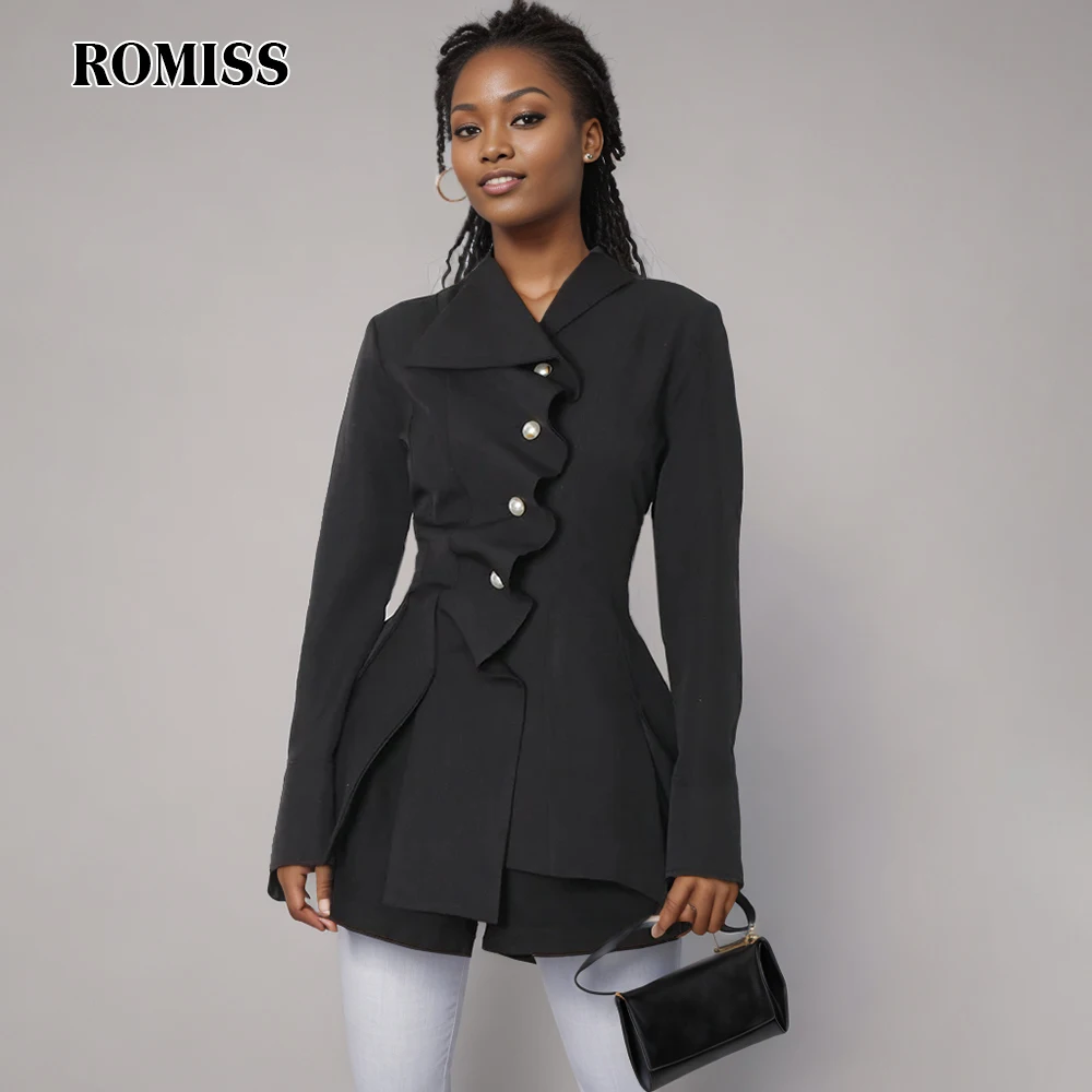 

ROMISS Irregular Hem Solid Blouse For Women Lapel Long Sleeve Patchwork Ruffles Ruched Loose Shirts For Women 2024 Spring