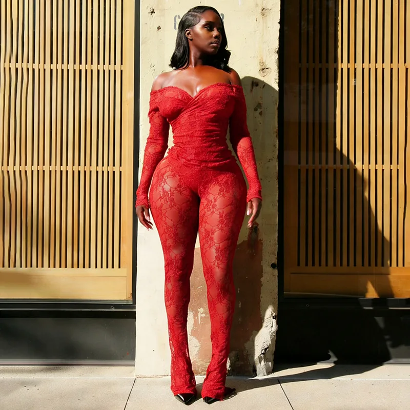 

Женский сексуальный прозрачный кружевной комплект из 2 предметов с v-образным вырезом и открытыми плечами, топ с длинными рукавами + брюки-клеш, модный тонкий костюм для вечеринки в ночном клубе