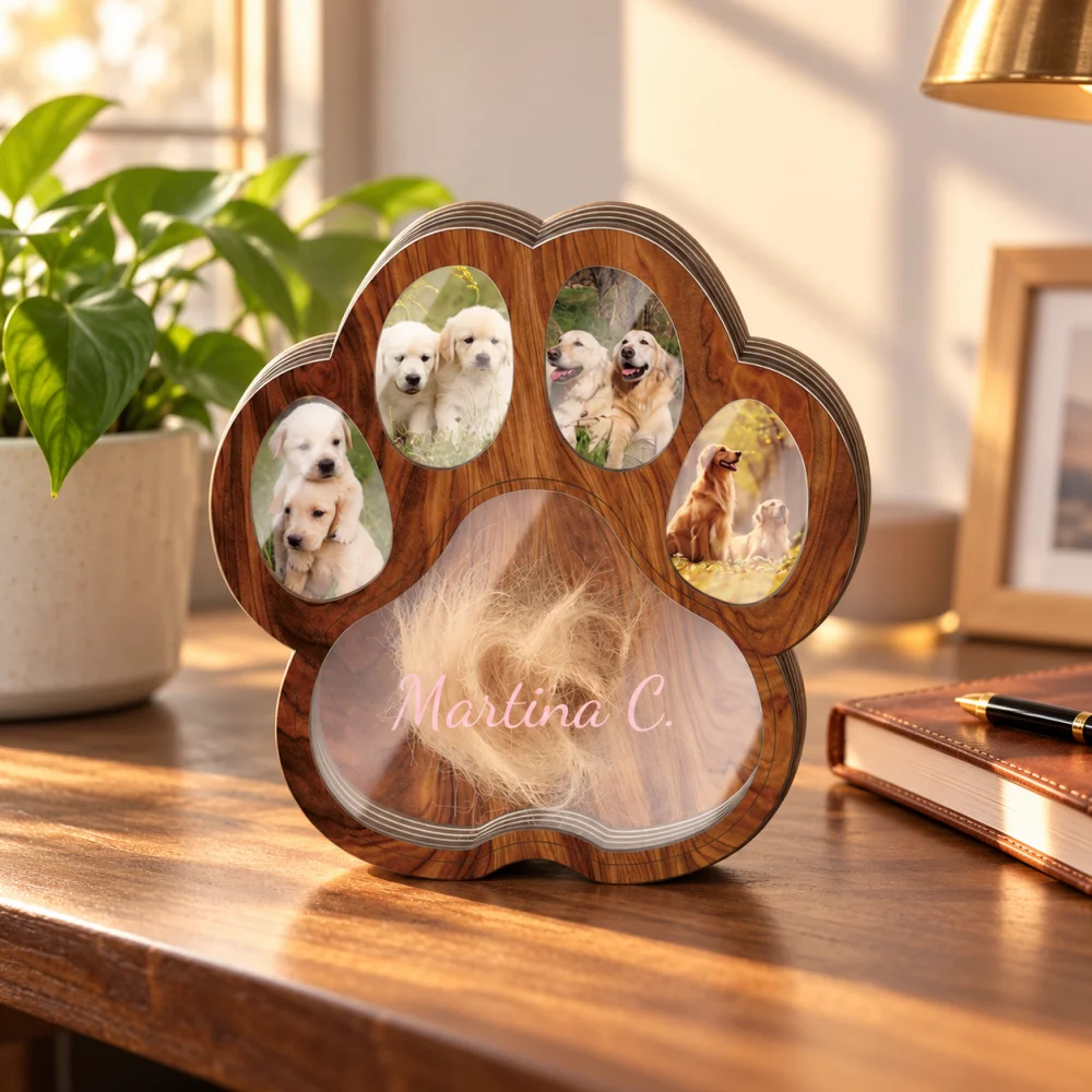 1Pc Wooden Pet Hair Commemorative Paw Print Ornament, Custom Pet Photos and Name or Text, Remembrance Gift for Dog and Cat Lover