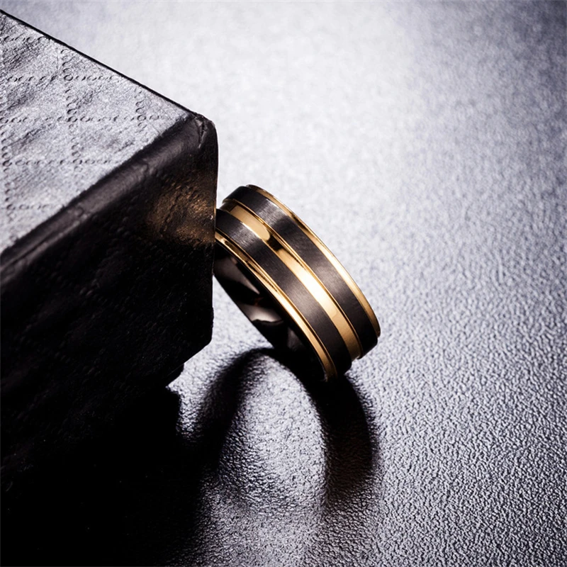 

New 7#-12# Couple Rings Black Gold Color Womens Titanium Steel Metal Wire-Drawing Mens Ring Wedding Jewelry