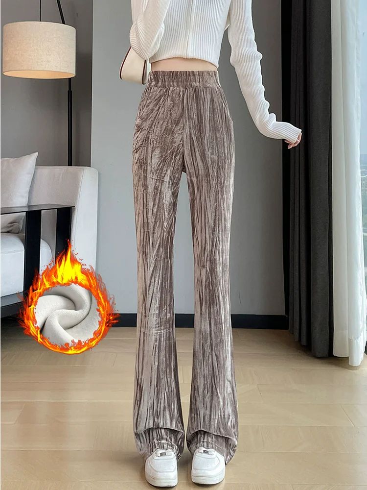 Women's Casual Thicked Velvet Bootcut Pants High Waist Casual Vintage Wide Leg Pantalones Straight Fashion Loose Elastic Hosen