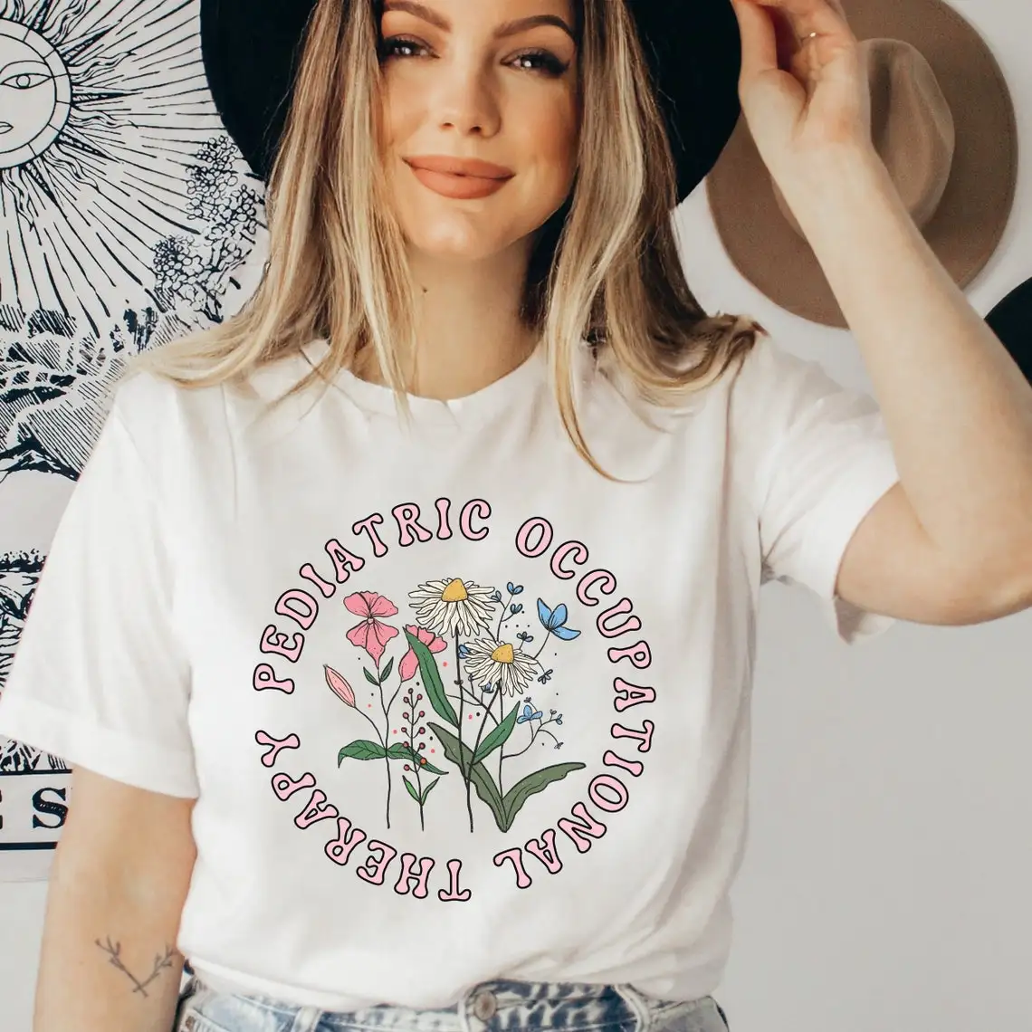 colored Wildflower Pediatric Occupational Therapy tshirt retro women short sleeve boho PED OT tee shirt