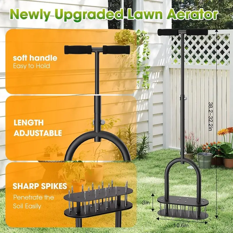 Manual Lawn Aerator with Padded T-Handle Wide Foot Plate & 3 Inch Solid Steel Spikes, Dual-Layer Labor-Saving Lawn Aeration Tool