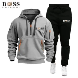 New Men's zipper jacket, hooded sweater, sports pants, casual running sportswear, 2-piece Men's streetwear set2024