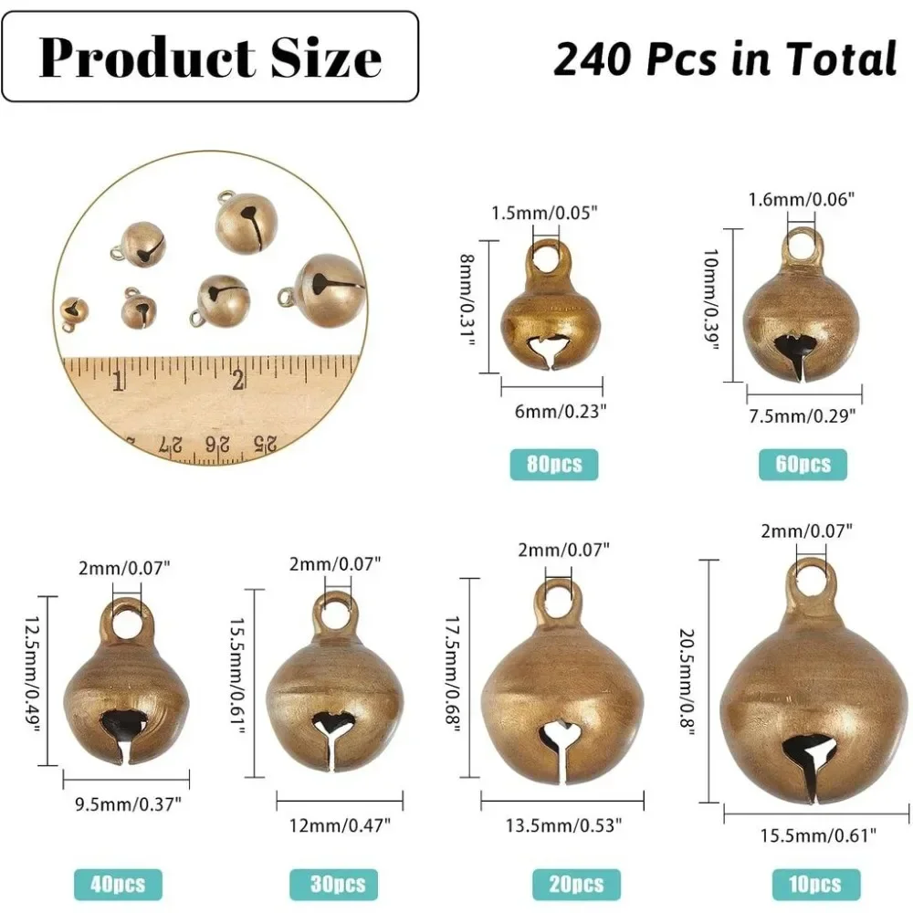 240Pcs 6Sizes Mini Jingle Bell Mini Jingle Bells Tiny Craft Bells for DIY Anklets Necklace Knitting Jewelry Making Bronze 8-20mm