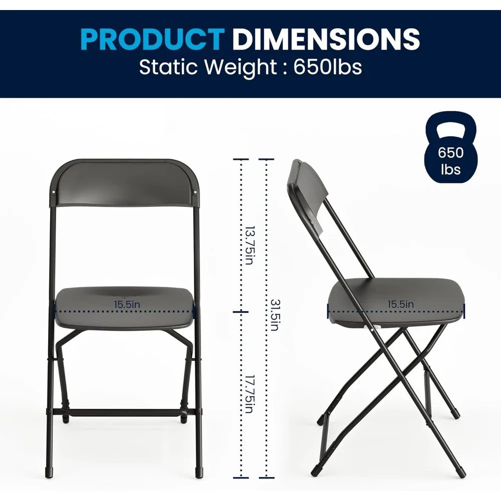 Set of 10 Heavy-Duty Plastic Folding Chairs, Indoor/Outdoor, Stackable with High Weight Capacity, Black