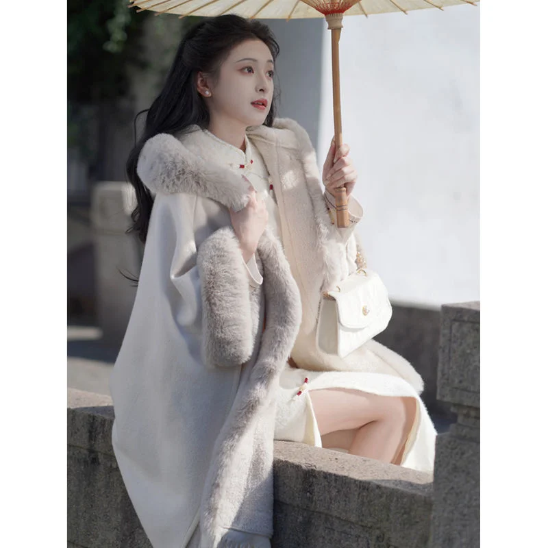 

Women Big Fur Collar, Cloak, Shawl, Paired With Cheongsam, Outer Layer With Thick Imitation Otter Rabbit Fur, Hooded Woolen Coat