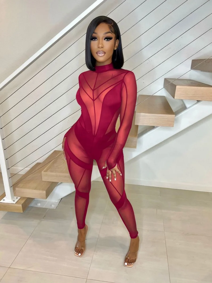 Sexy Me Spliced Perspective Jumpsuit Transparent Street Sle Casual Long Straight Leg Pants Women's Autumn Faion