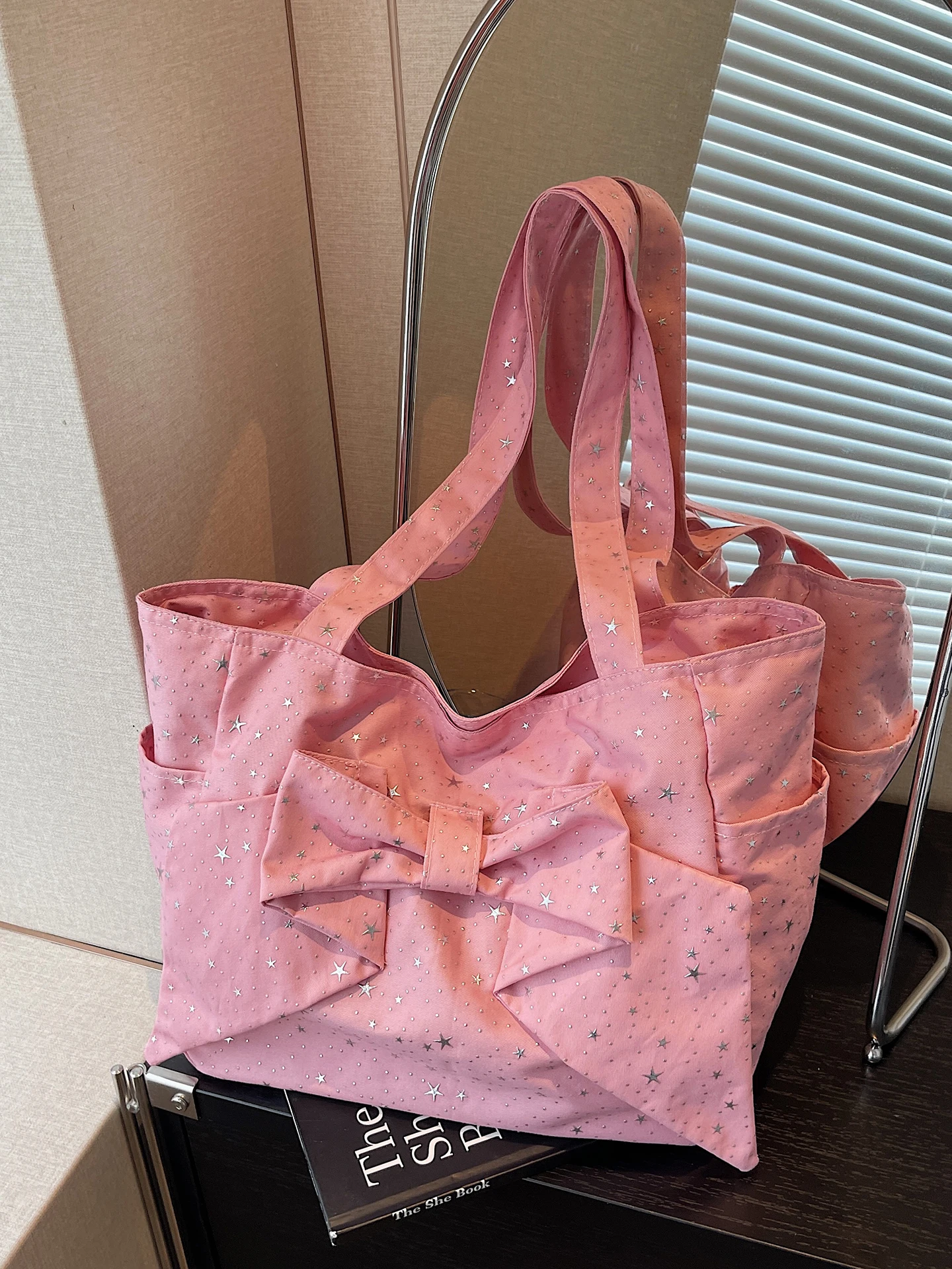 

Bow Large Capacity Tote Bag for Women Summer New Korean Stars Pattern Pockets One Shoulder Bags Fashion Rectangle Underarm Bag