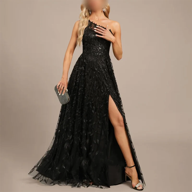 Robe de soirée à manches simples en dentelle noire pour femmes, fente latérale personnalisée, n'importe quelle occasion de Rh, mode