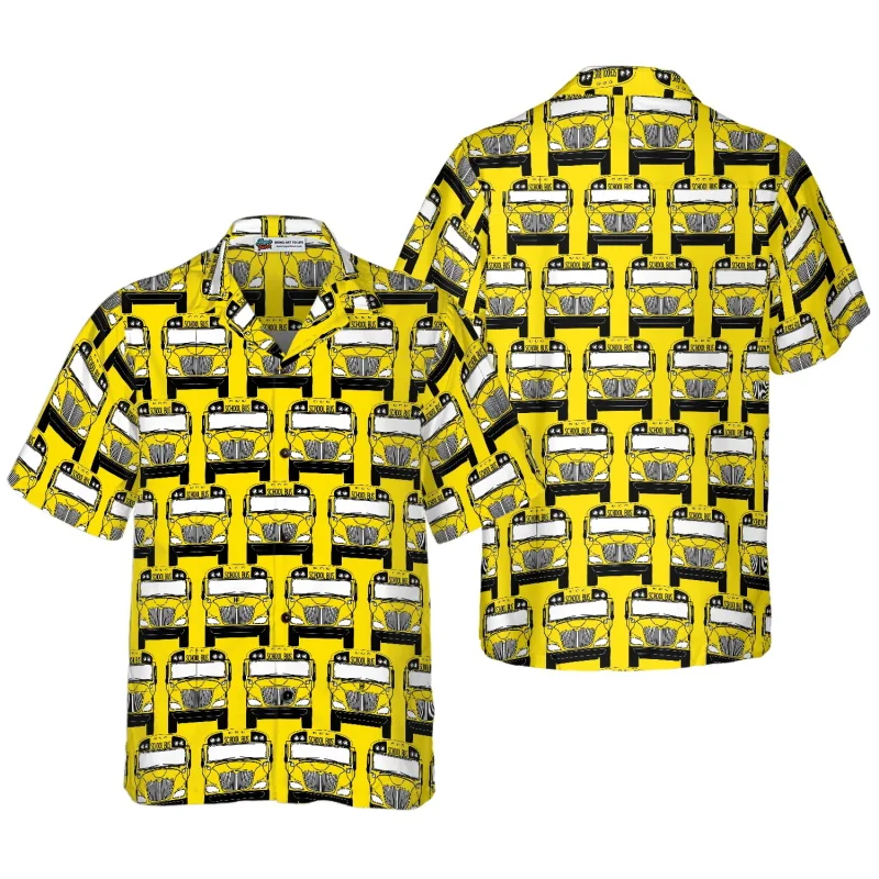 

Men's School Bus Print Hawaiian Shirt Funny School Bus Graphic Short Sleeve Button Down Surfing Shirt Summer Driver Beach Shirt