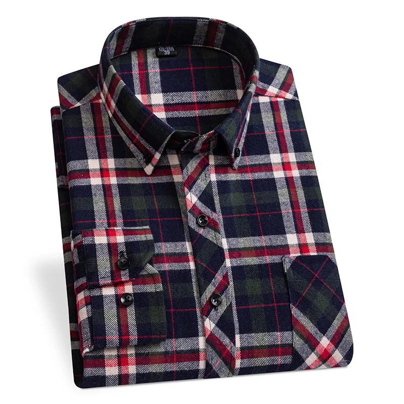 Winter Men's Plaid Casual Shirts Cotton Warm Flannel Long Sleeve Front Pocket Fashion Clothing Businessman Daily Shirts Easycare