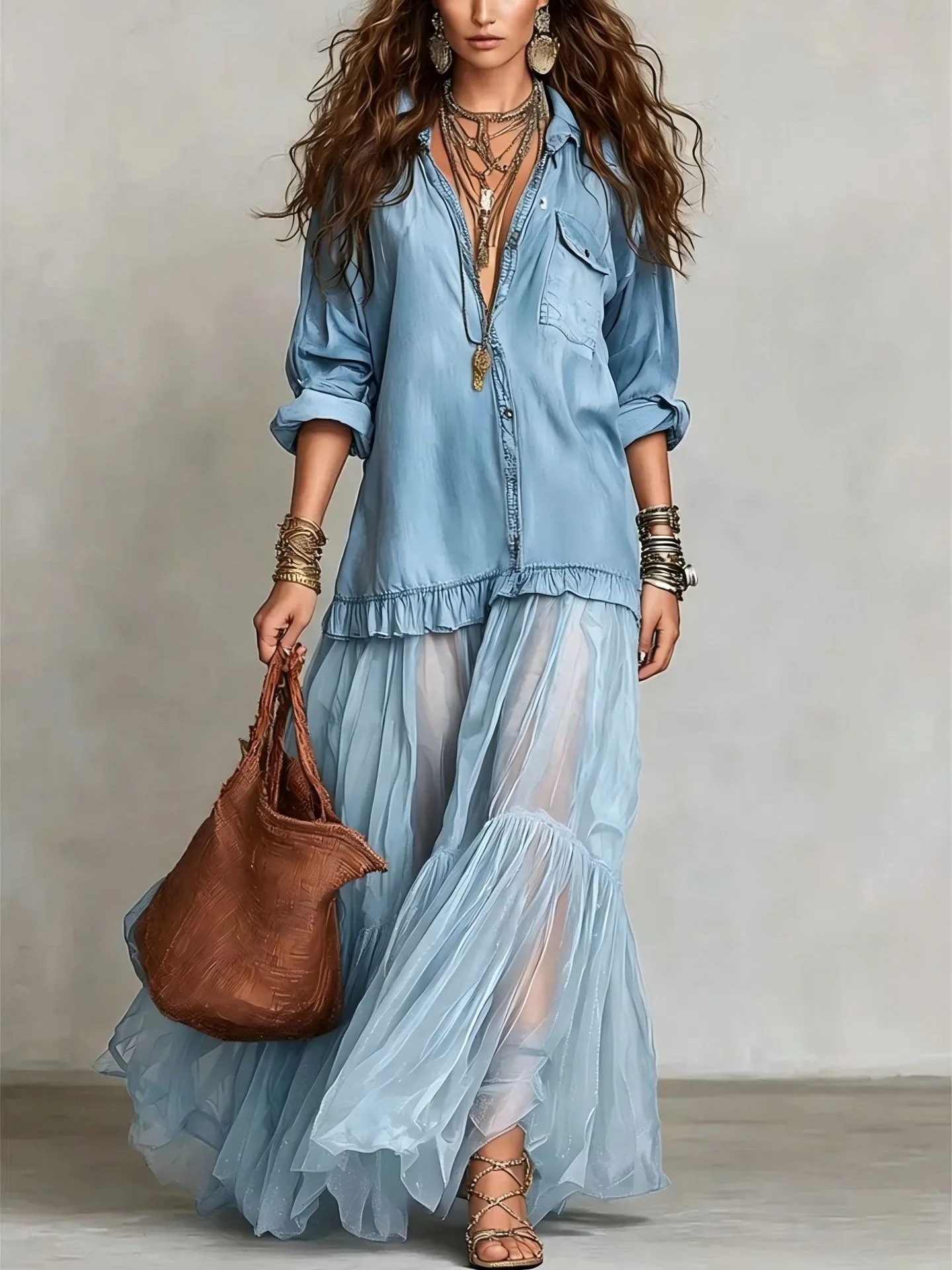 Vestido Maxi de Mezclilla Vintage para Mujer con Cuello Nuevo, Mangas Largas con Volantes, Malla y Costuras Plisadas