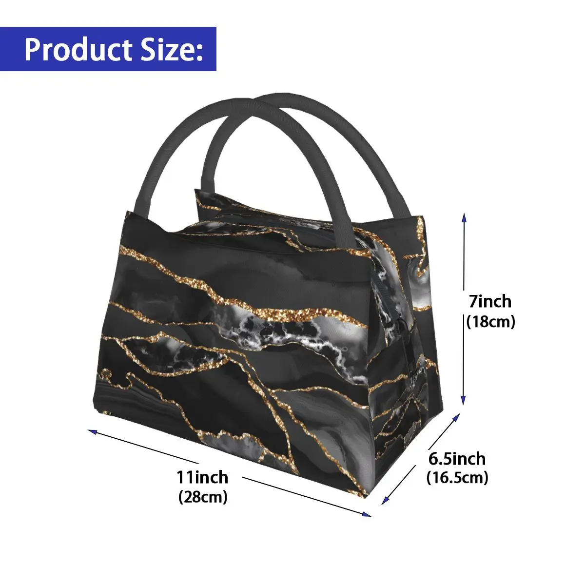 Glitter Marble Lunch Bag Black and Gold Fun Lunch Box Outdoor Picnic Portable Tote Food Bags Print Cooler Bag