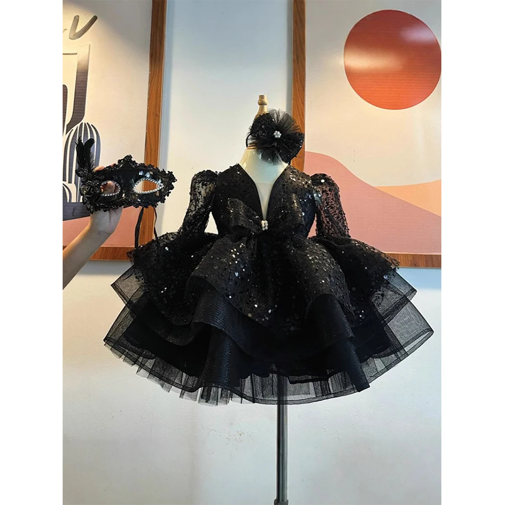 

Black Girl Dress Glitter Puffy Black Flower Girl Dress Layers Long-Sleeve Short Girl Princess Gown Child Birthday Dresses Dress