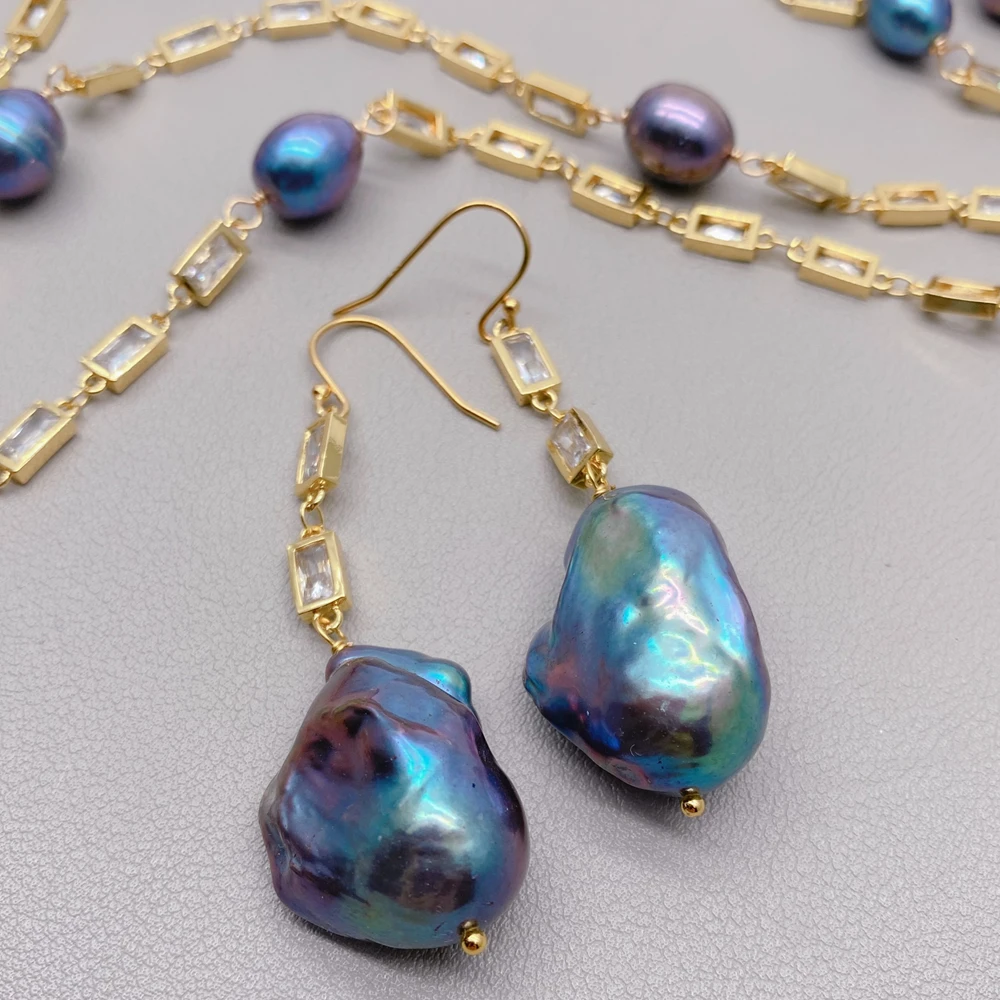 

Комплект украшений KKGEM: длинное колье-лариат и серьги-крючки с черным рисовым жемчугом кеши, цирконами и позолоченной цепочкой для женщин