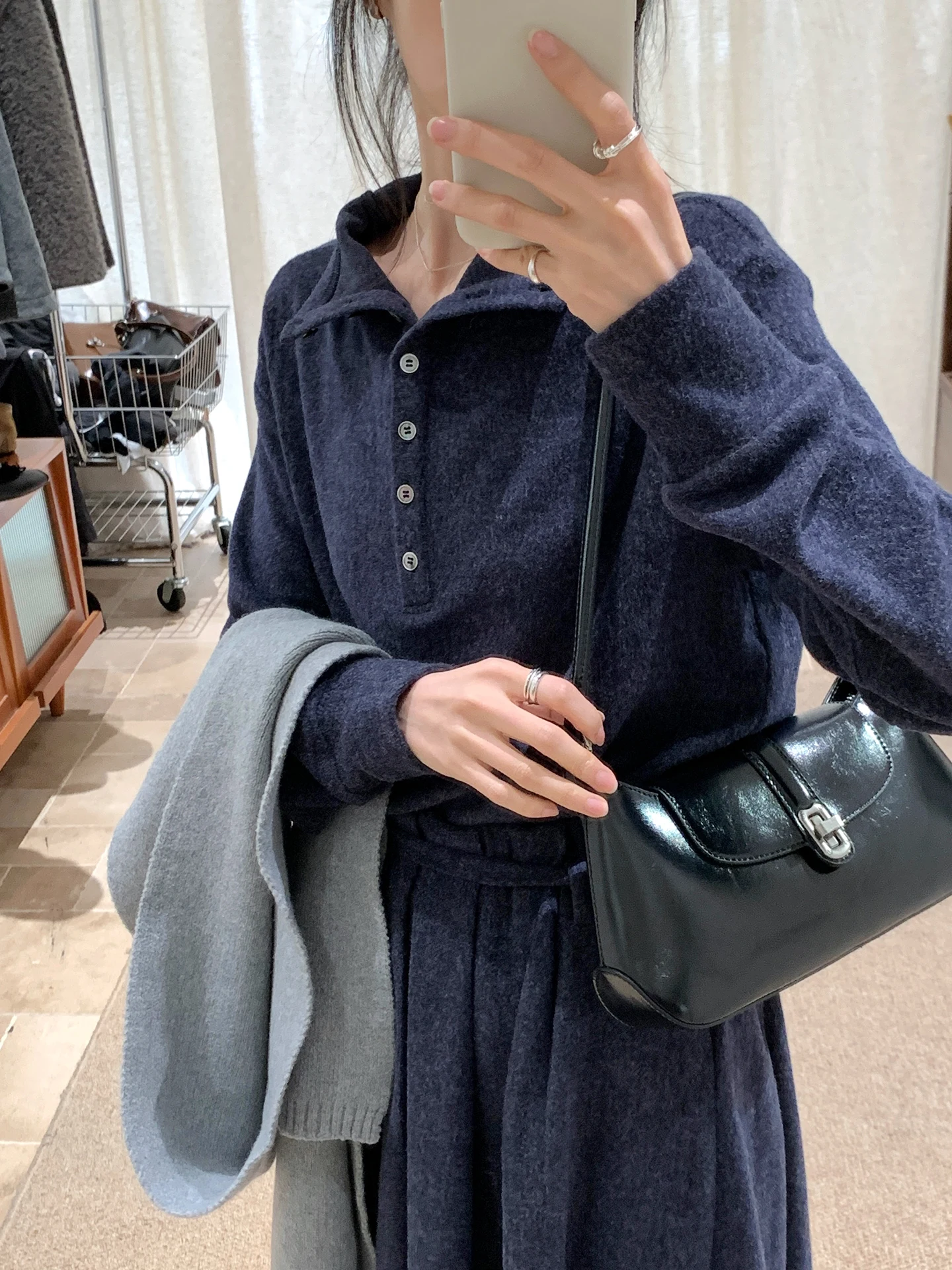 

Мягкий синий вязаный свитер с воротником в корейском стиле для женщин, осенне-зимний, свободного кроя, с длинными рукавами