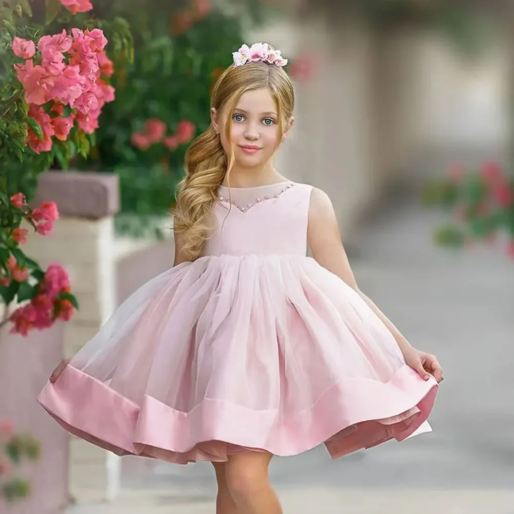 

Lovely Pink Flower Girl Dress For Wedding Puffy Sleeveless Bow Sleeveless Baby Kids Birthday First Communion Party Ball Gowns