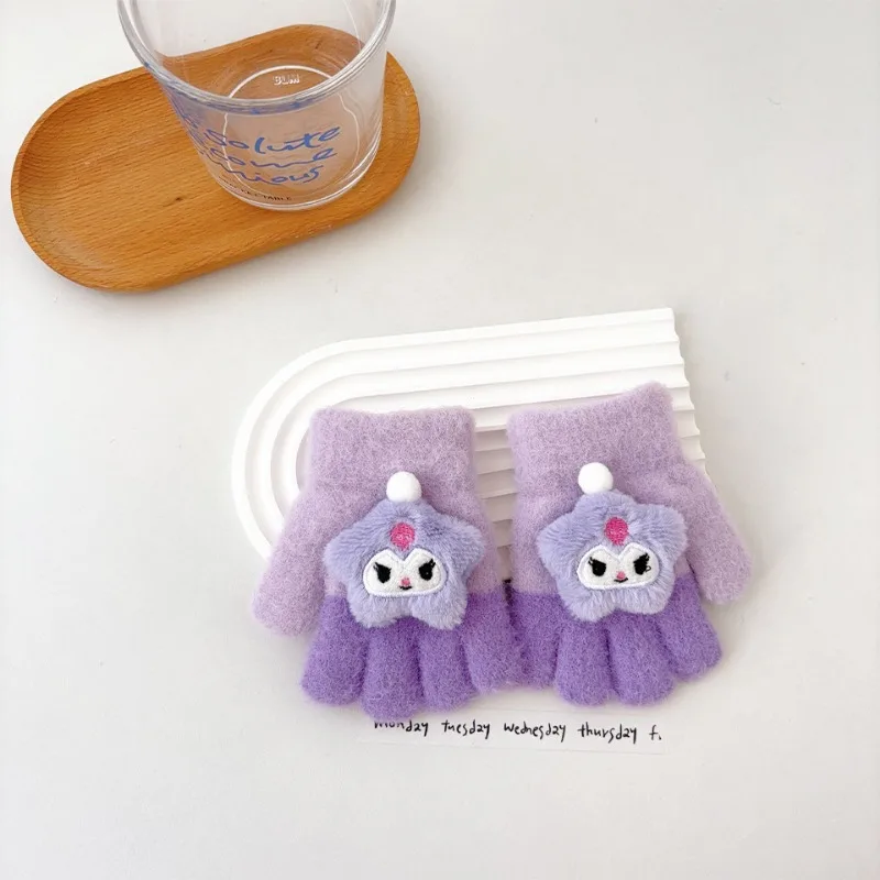 Sanrio Cartoon Baby Warm Gloves Kawaii Autumn Winter Cold Thickening Cute Children Write Five Fingers Outdoor Antifreeze Hands