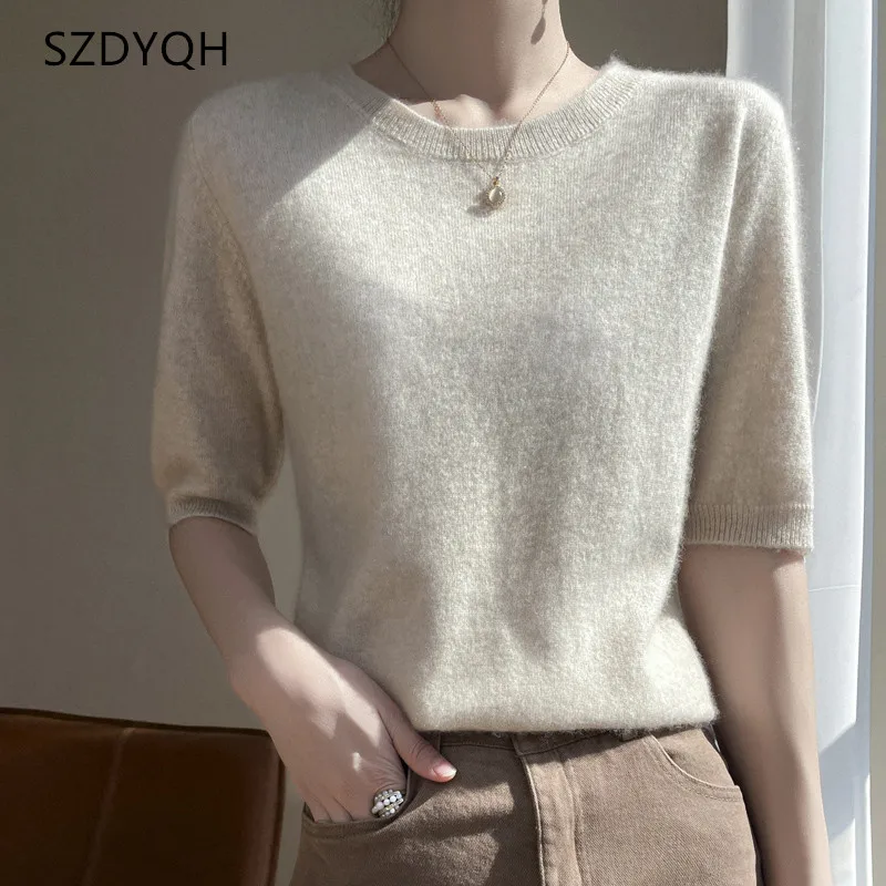 Women 100% Cashmere Sweater T-shirt 2023 New Short Sleeve Pullover Spring O-Neck Basic Jumper For Female Soft Shirt Girl Clothes