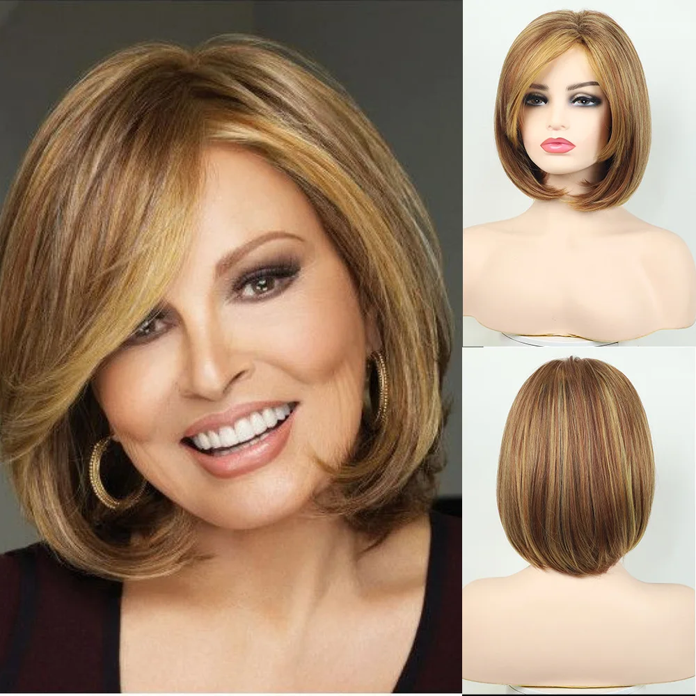 Elegant Light Brown Bob Wig with Blonde Highlights, Shoulder-Length Straight Hair for Women