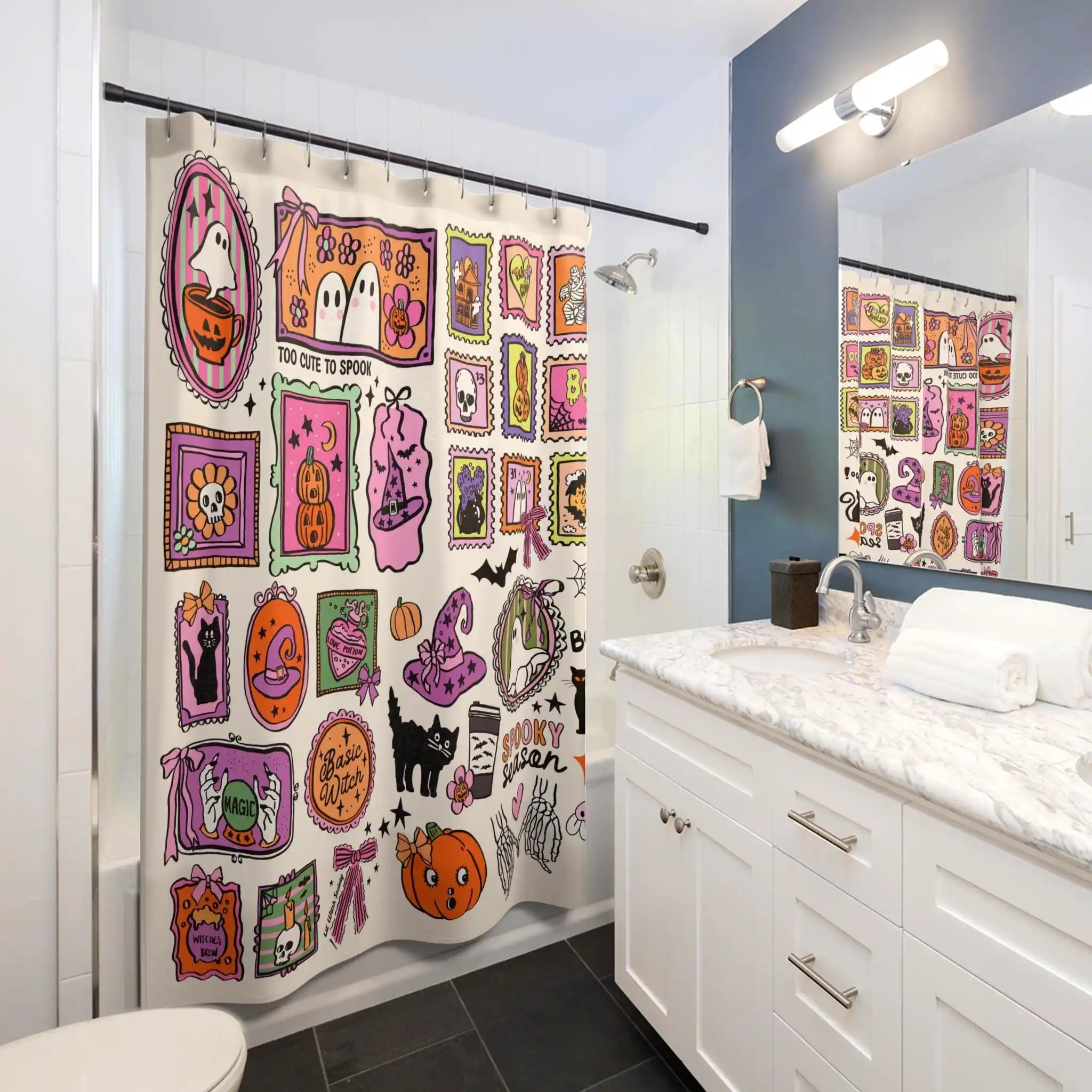 Spooky Cute Halloween Shower Curtain Fun Witch Ghost Pumpkin Theme Bathroom Decor Novelty