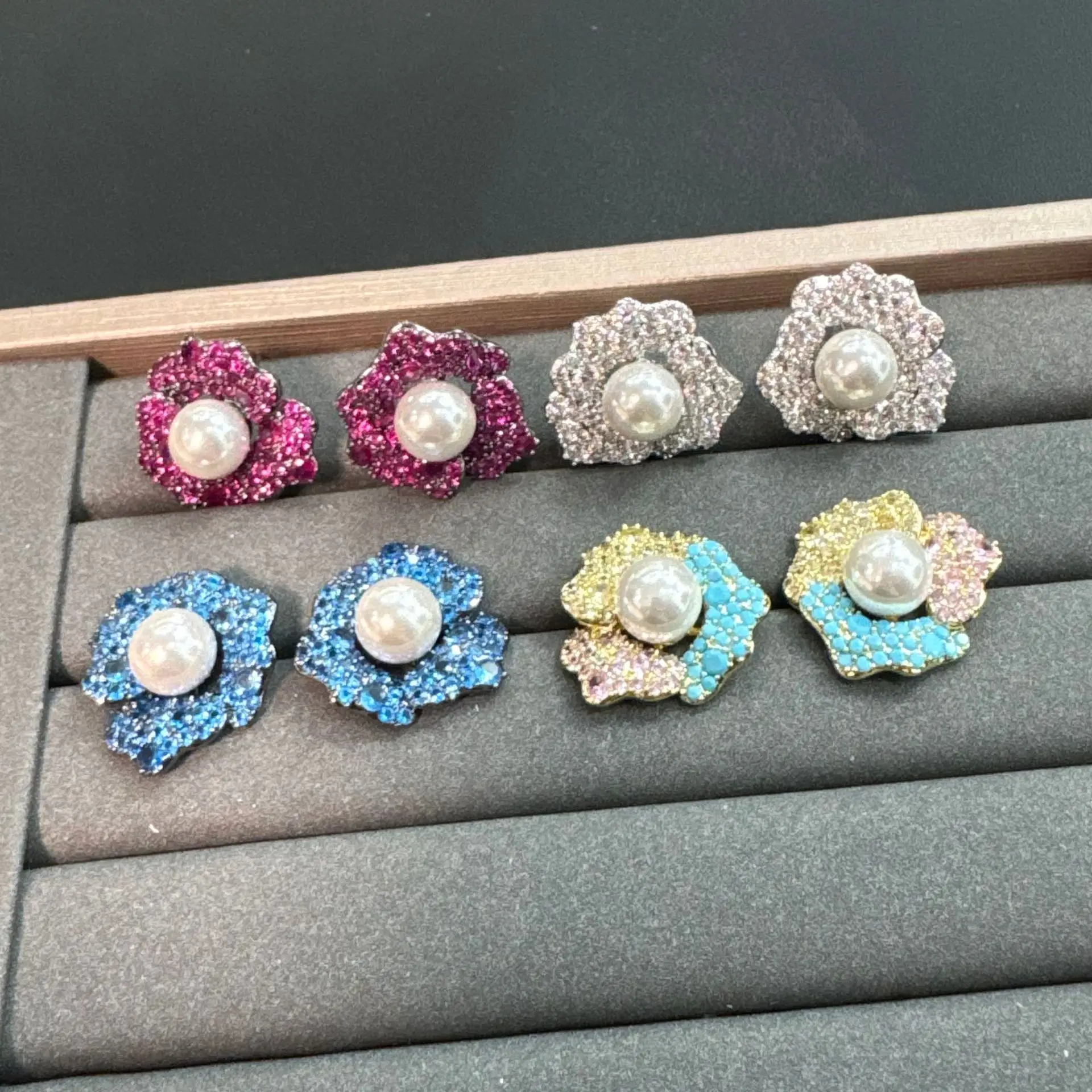 flower petals stud earrings for women sweet jewelry zircon blue fushia white floral earrings cute gift party daily wear jewelry