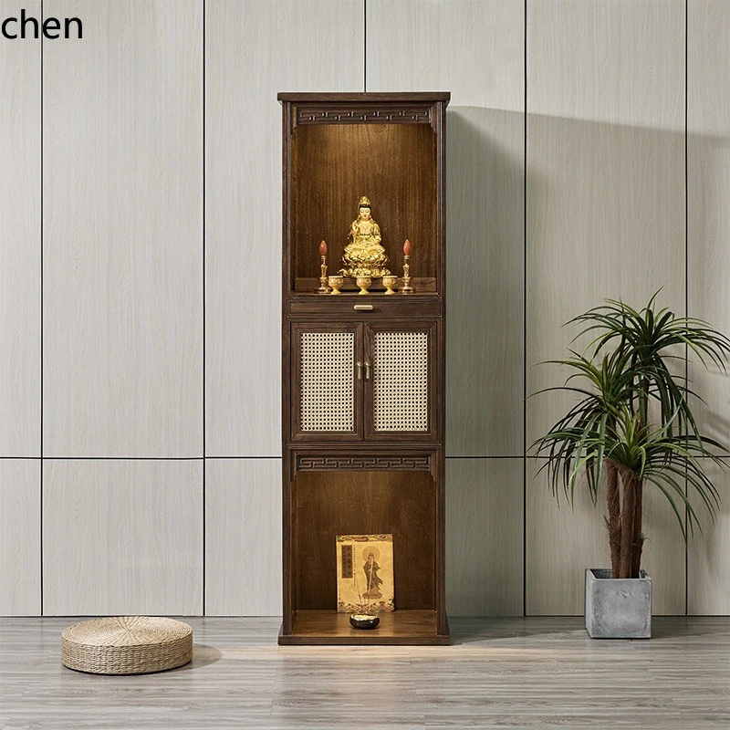 Cz1 old elm two-layer buddha niche with door, modern for home guanyin god of wealth standing cabinet altar cabinet