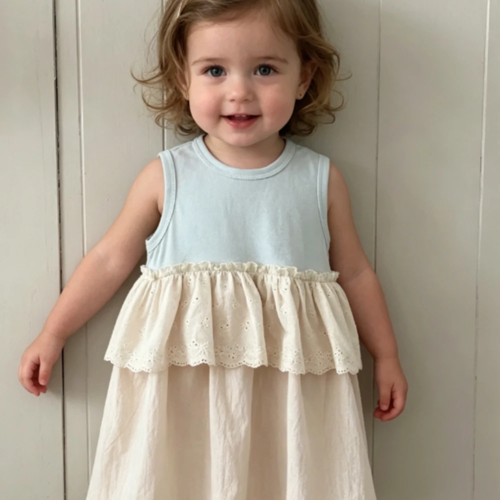 

Girls Dress 2026 Spring and Summer New Children's Clothing Korean Style Girl Baby Matching Color Waist Lace Sleeved Dress