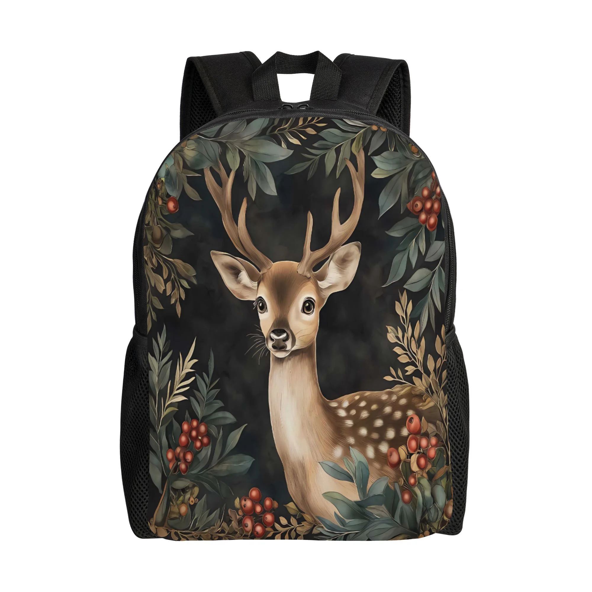 

Christmas Reindeer Backpack - Large Capacity Travel Backpack with Deer and Leaf Pattern, Black/Green/Gold Design