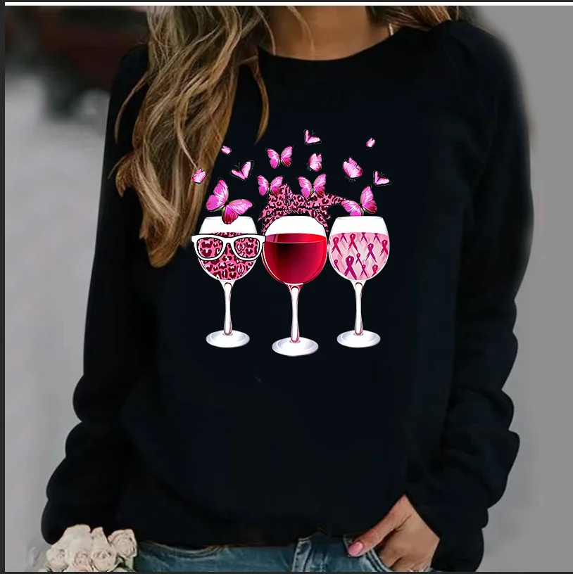 

Explosive New Wine Glass Butterfly Print Casual Pullover Long-sleeved Women's Blouse Crew-neck Hoodie Sweatshirt