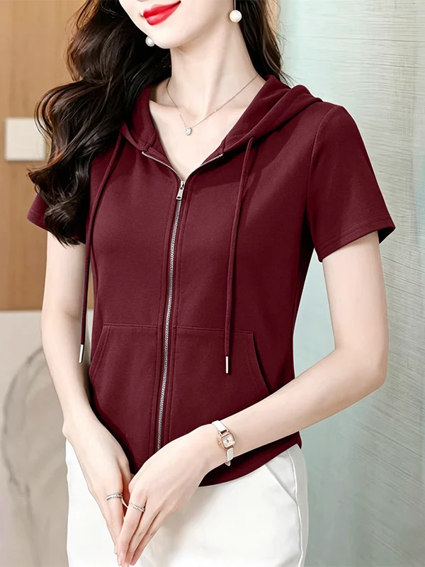 2026 New Double Zipper Hooded Short Sleeve Women's T-shirt Loose Slimming Fashionable Large Size Top Korean Style Cotton Blend