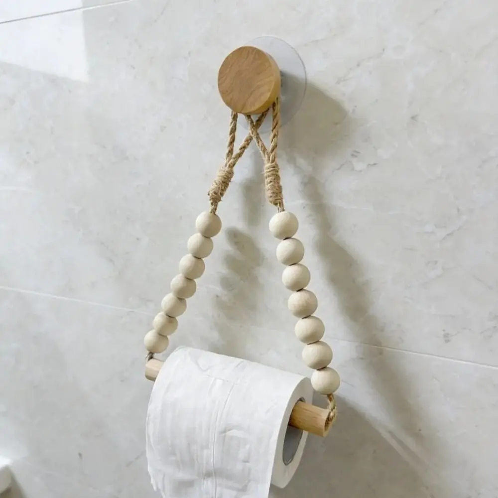 

Nordic Style Wood Tissue Holder Handwoven Rope Wall Mounted Jute Rope Towel Rack No Need Drill Suction Cup Tissue Storage Rack