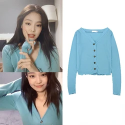 Kpop Korean Singer Summer High Street Lady Kawaii Button Tee shirt Blue V-neck Slim Retro T shirts Women Sweet Long Sleeve Tops