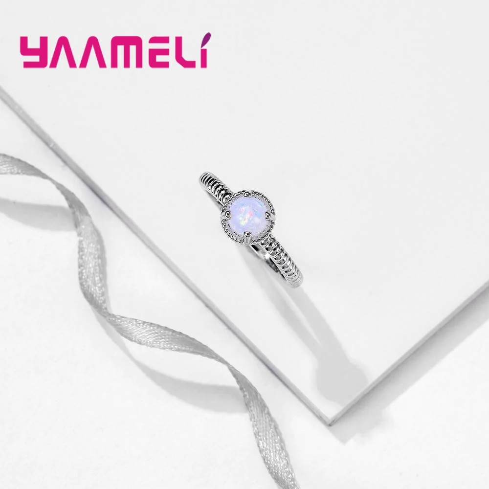 Classical Printed With S925 Finger Rings Brilliant Sterling Silver Round Design Opal For Women Girls Jewelry Wholesale