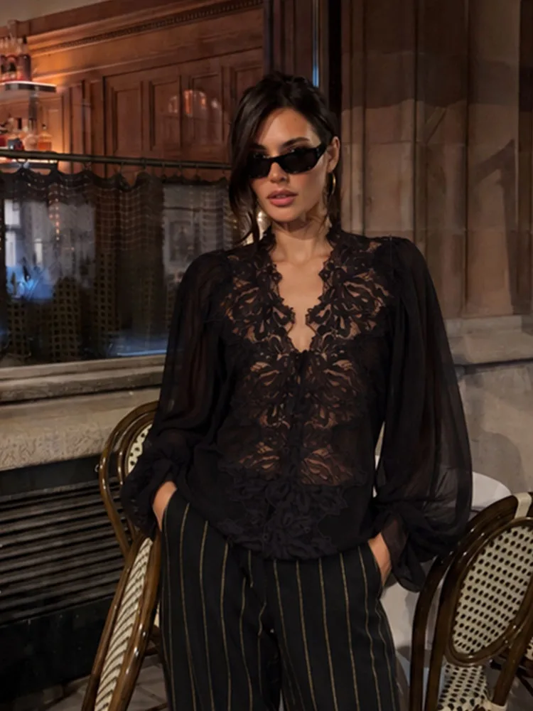 HH Women Black Floral Lace Top Elegant Puff Sleeve Sheer Blouse High Fashion Vintage Shirt for Fall Office Commute Holiday Party