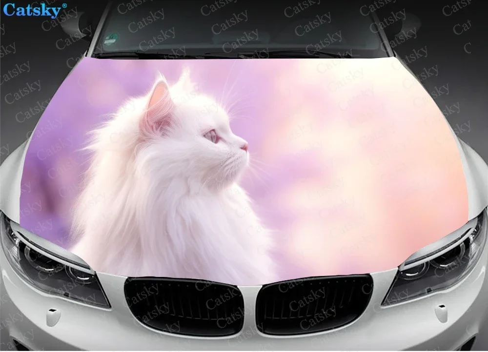 White Maine Coon Cat Car Hood Decal Stickers Wrap Vinyl Film Engine Cover Decals Sticker Car Hood Protective Film