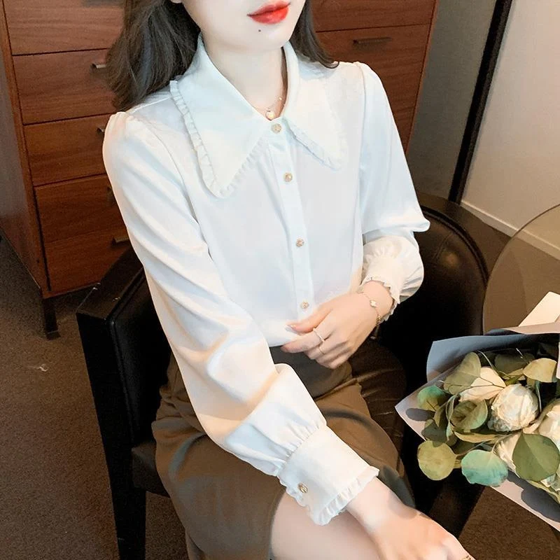 White Peter Pan Collar Sweet Elegant Blouses Korean Style Women Autumn Ruffle Long Sleeve Office Ladies Button Shirt Tops Blusas